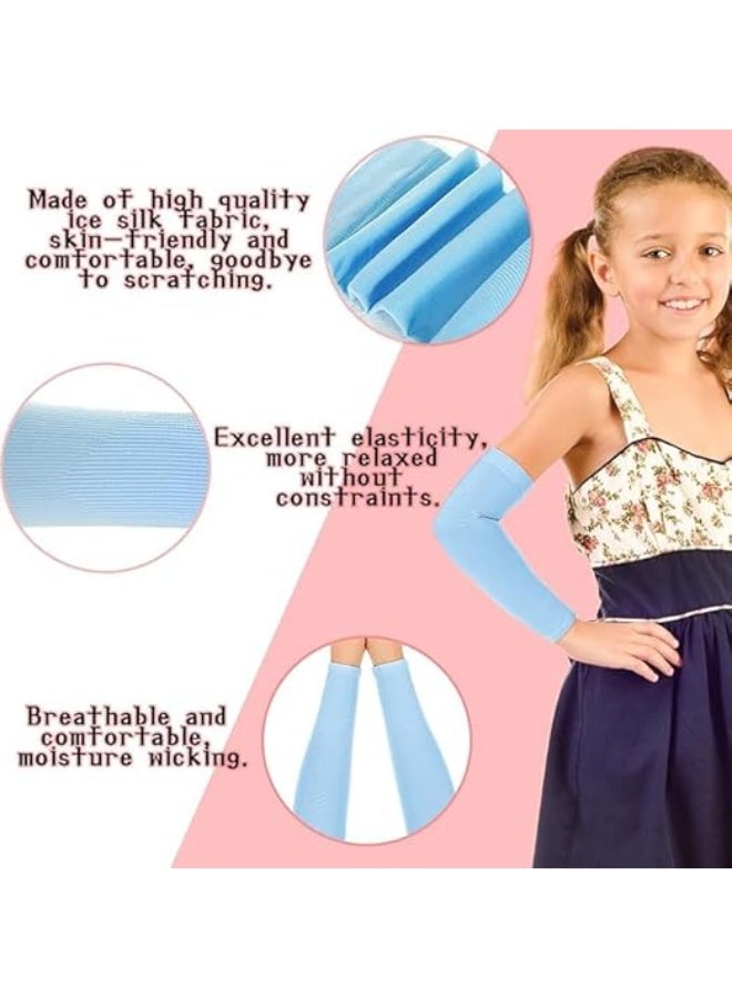 ChicAbode 3 Pairs Kids Arm Sleeves, UV Sun Protection Cooling Arm Covers, Elastic Compression Ice Silk Sleeves for Boys & Girls Outdoor Sports (Ages 7-12, White Pink Blue) - Image 2